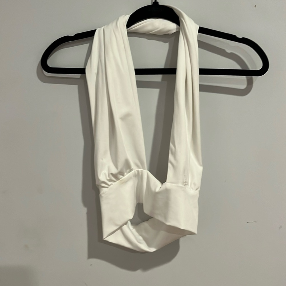 White cross neck backless top. Amazon.